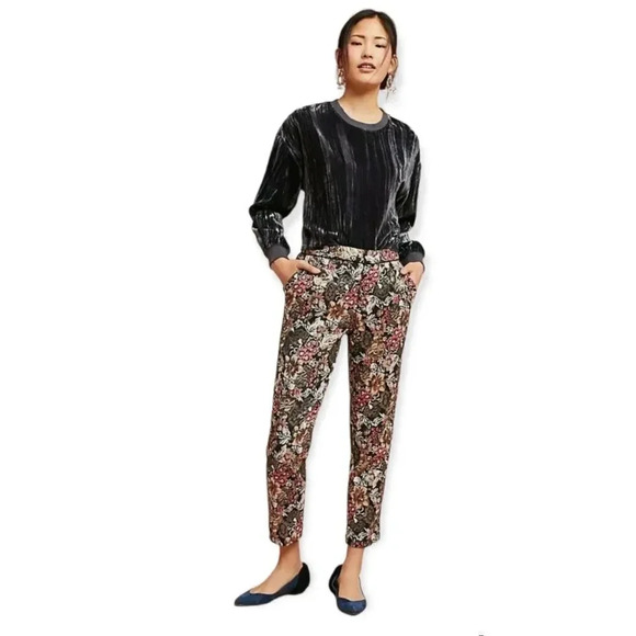 Maeve | Black & Metallic Floral Motif Ankle Pants Sz 0 - Picture 1 of 8